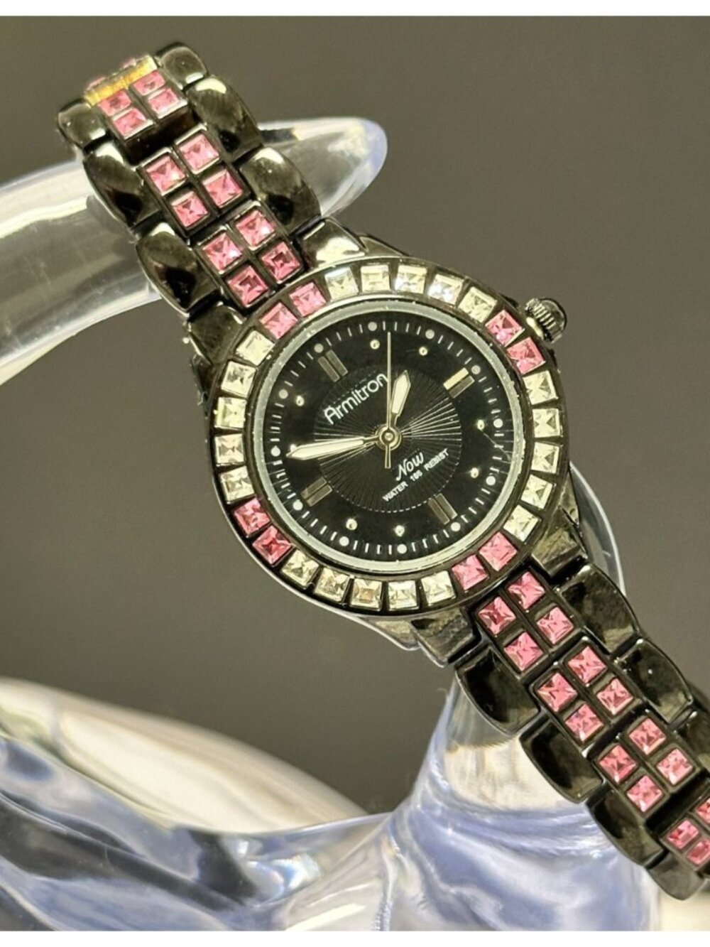 Armitron Watch Women Black Dial Pink Clear Crystal Bezel New Battery 6.5 Inch